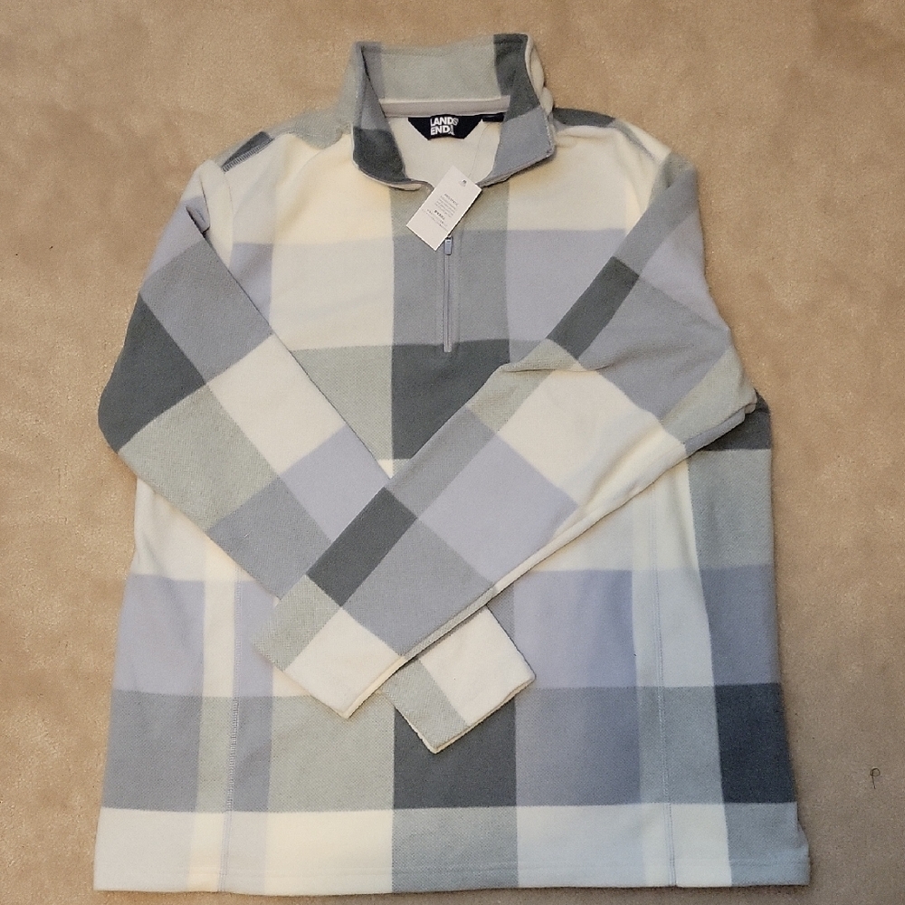 Lands' End Women's Zip Up Plaid Fleece - Blue and Cream NWT